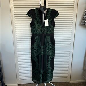 Foxiedox Green and Black Sheath Midi Dress V Neck Cocktail